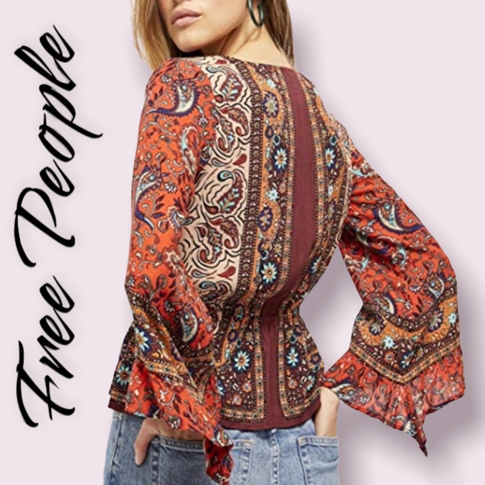 NWT Free People  Boho  Red Combo Wrap Top XS Bell Sleeves, Long Sleeves - Picture 2 of 13